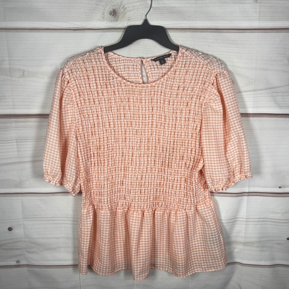 Zac & Rachel Tops - Zac & Rachel Blouse Womens 1X Orange Gingham‎ Smocked Peplum Top Short Sleeve